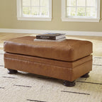 Signature Design by Ashley Carianna Rectangular Leather Ottoman, Caramel | No assembly required, Top-grain leather cushion, Faux leather sides, 19-in seat height