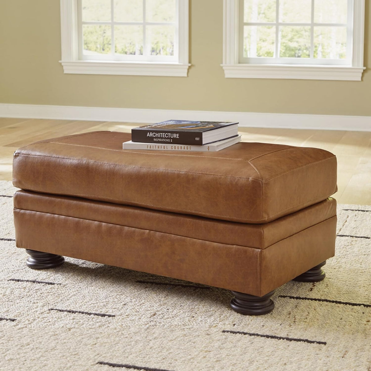 Signature Design by Ashley Carianna Rectangular Leather Ottoman, Caramel | No assembly required, Top-grain leather cushion, Faux leather sides, 19-in seat height