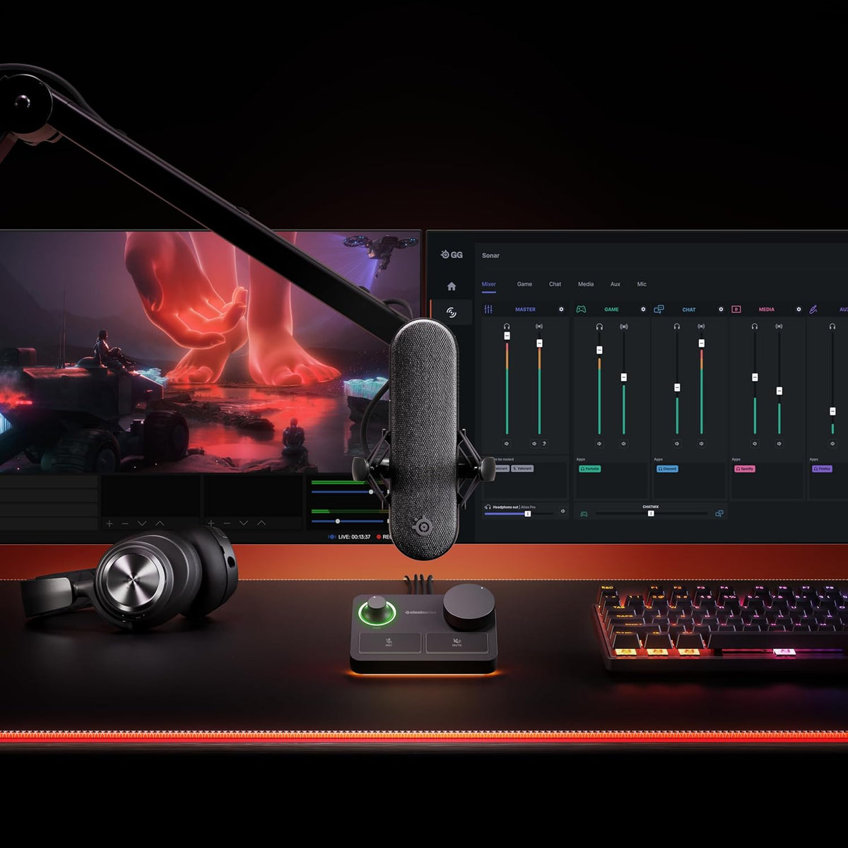 SteelSeries Alias Pro Kit — XLR Mic + Stream Mixer — 3x Bigger Capsule for Gaming, Streaming and Podcasting — USB/XLR Interface — Sonar Audio Software — Custom Controls — RGB — Single or Dual PC