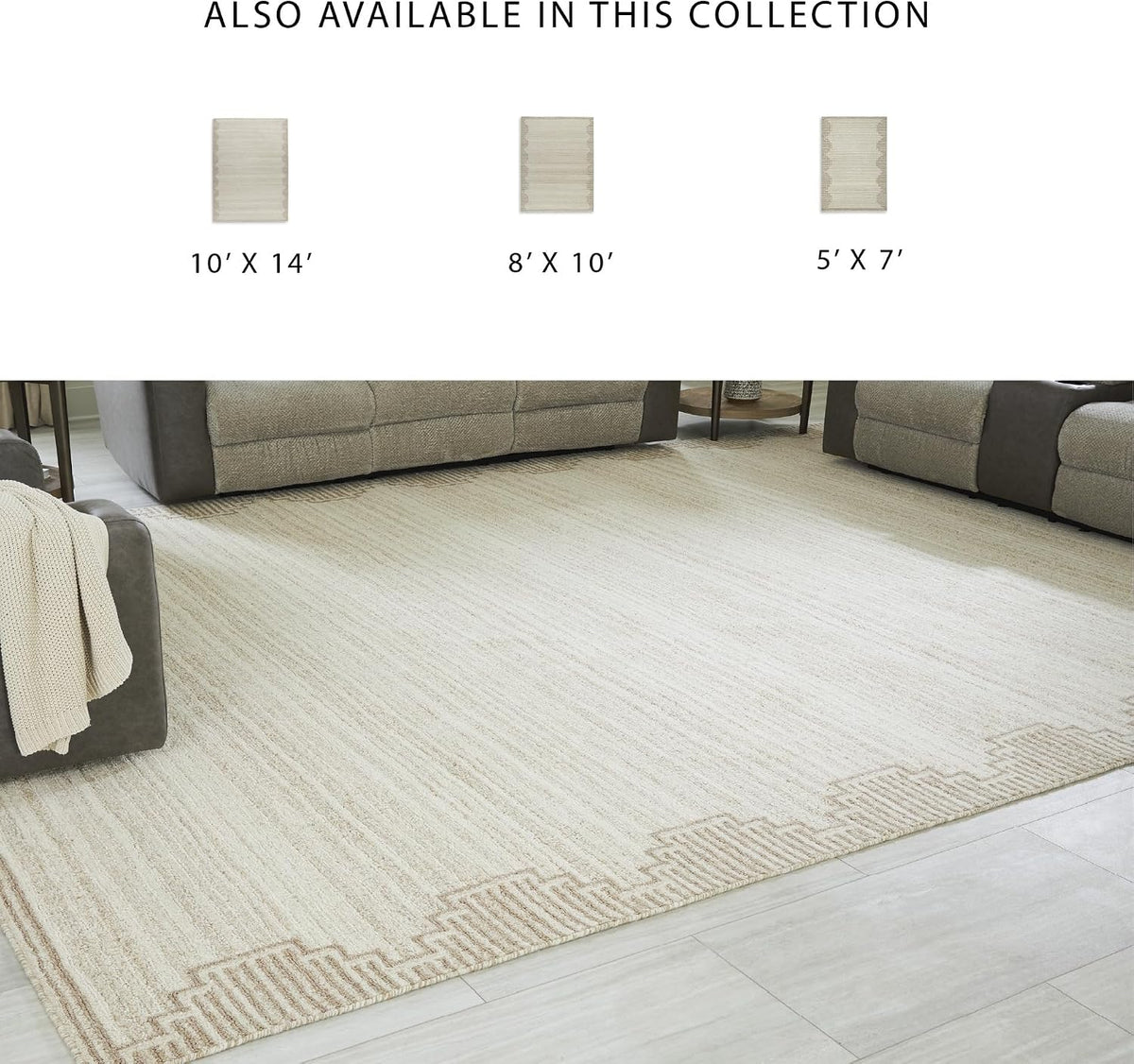Signature Design by Ashley Wool Area Rug, Extra Large 10x14, Brown/Beige | 100% natural wool tufted construction, Modern stepped border in brown and beige, Oversized footprint, Emorymore Series