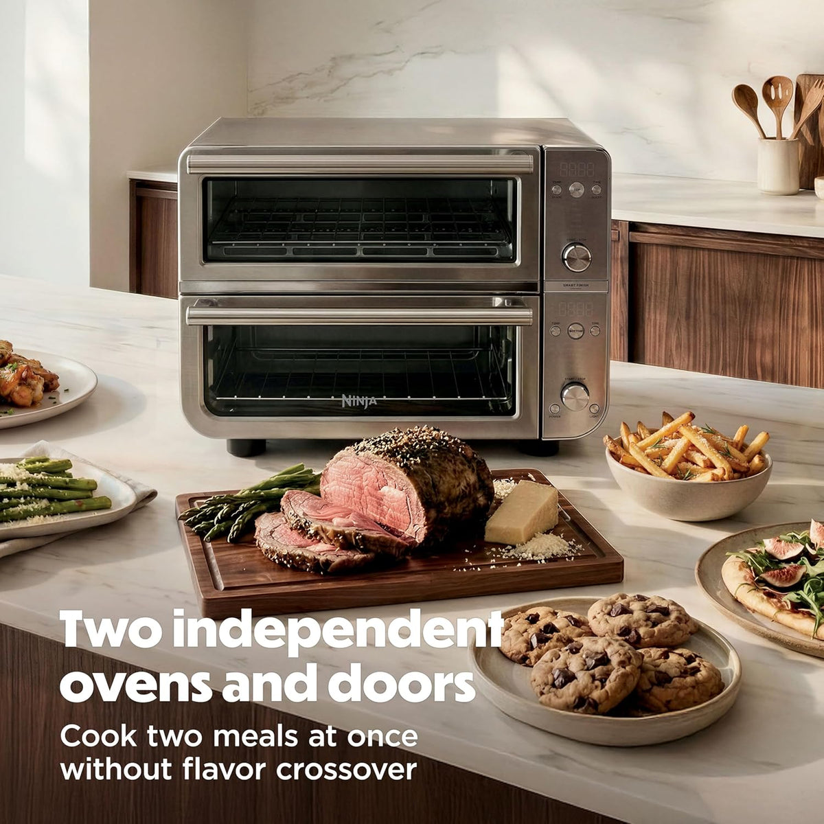 Ninja Double Oven Pro Smart XL, 12-in-1, Silver, DCT821 | QuartzHeat top oven, DualZone, Smart Finish, Fits 4.5 lb chicken & 6 lbs wings, Air fry