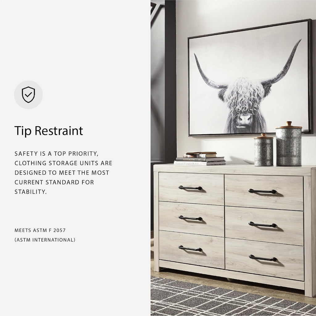 Signature Design by Ashley Cambeck 6 Drawer Dresser, Farmhouse White Wood | 59"W double dresser in engineered wood and decorative laminate, 6 drawers with faux linen lining, Includes tip restraint