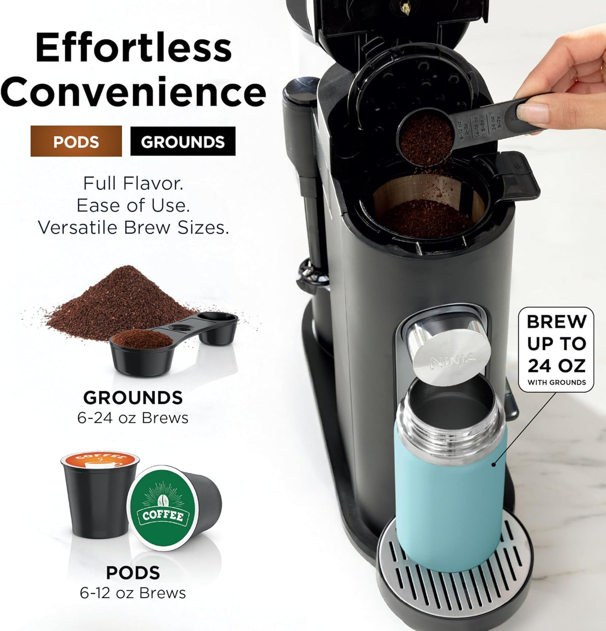 Ninja Single Serve Coffee Maker - Combo Machine, K-Cup Pods and Grounds | 4 Styles of Brewing, up to 24 Oz Cup Sizes, 56 Oz Removable Reservoir, Black, PB051