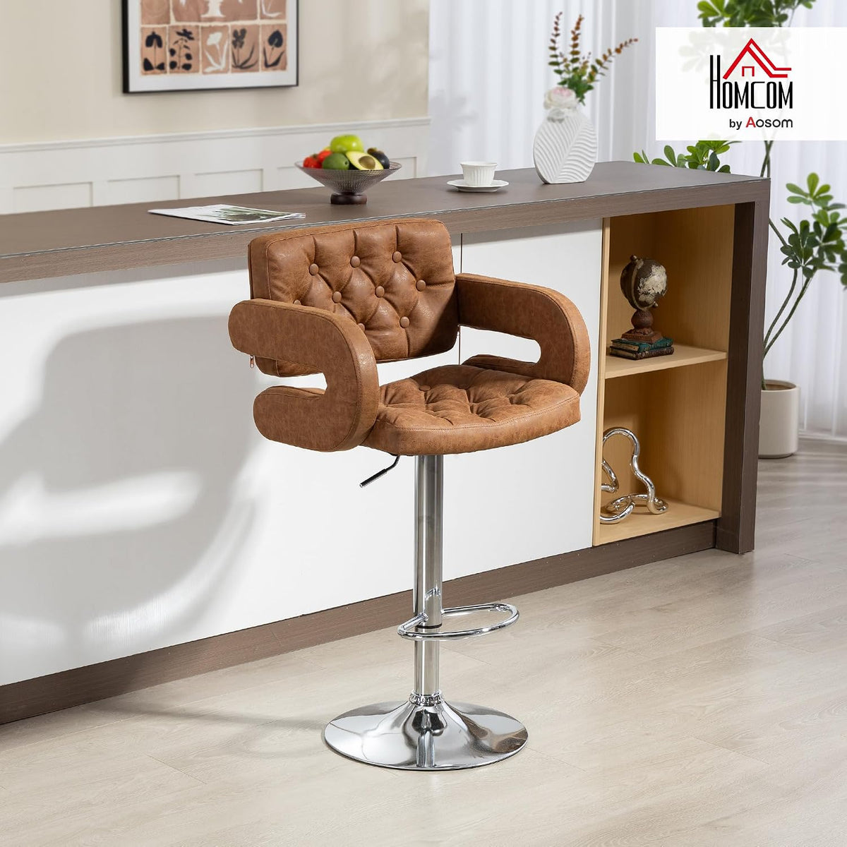 HOMCOM Bar Stool w/Wide Seat U-Shaped Armrest PU Leather, Brown