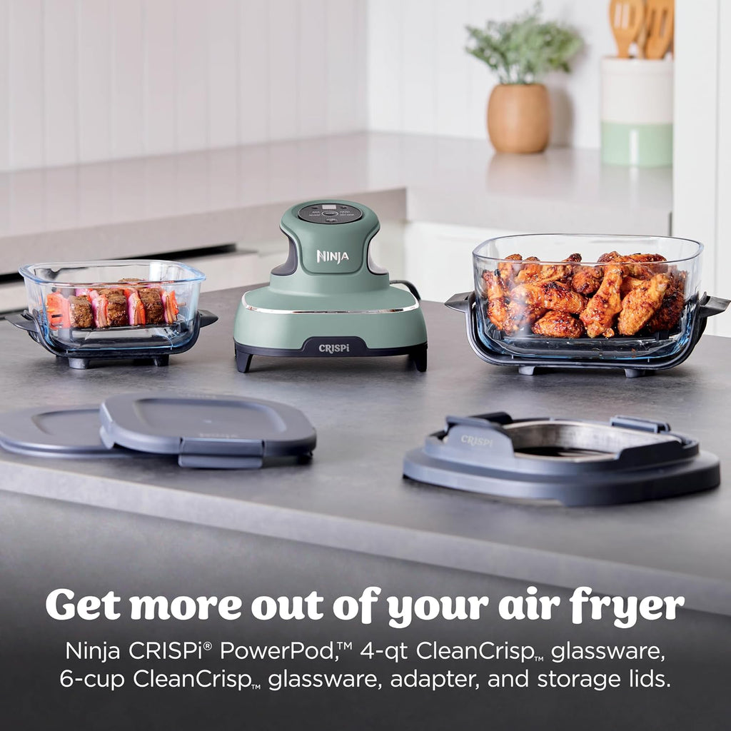 Ninja Crispi Glass Air Fryer, 4-in-1, Green, FN101SG | Max crisp, bake, air fry, recrisp, 450F max, 4 Qt and 6 Cup containers, PFAS-free glass