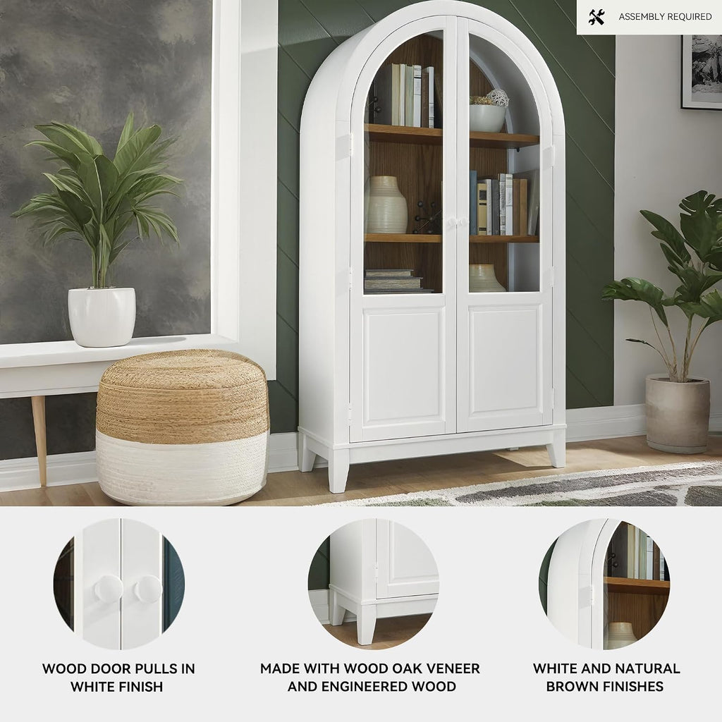 Signature Design by Ashley Dagandale Arched Accent Cabinet with Glass Doors, Quick 15-Minute Assembly, Wood and Tempered Glass, Display Storage for Living Rooms, White/Natural, 40" W x 74" H