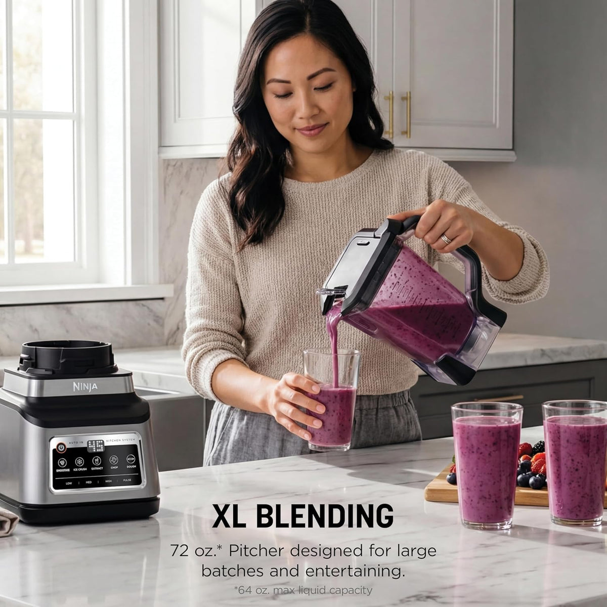 Ninja Professional Plus Kitchen System, 1400WP, Auto-iQ, Grey, BN801 | 5 functions for smoothies, chopping & dough with Auto-iQ. 72-oz blender pitcher, 64-oz processor, (2) 24-oz cups.
