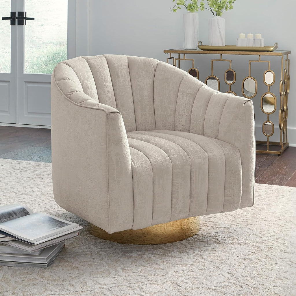 Signature Design by Ashley Swivel Barrel Accent Chair, Pearl, Penzlin | Textured velvet barrel chair with brass-tone metal pedestal base, Cozy lounge seating for reading nooks