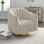 Signature Design by Ashley Swivel Barrel Accent Chair, Pearl, Penzlin | Textured velvet barrel chair with brass-tone metal pedestal base, Cozy lounge seating for reading nooks