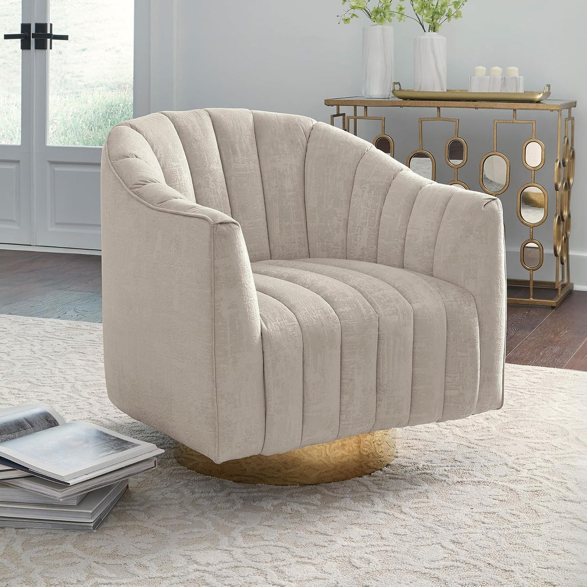 Signature Design by Ashley Swivel Barrel Accent Chair, Pearl, Penzlin | Textured velvet barrel chair with brass-tone metal pedestal base, Cozy lounge seating for reading nooks