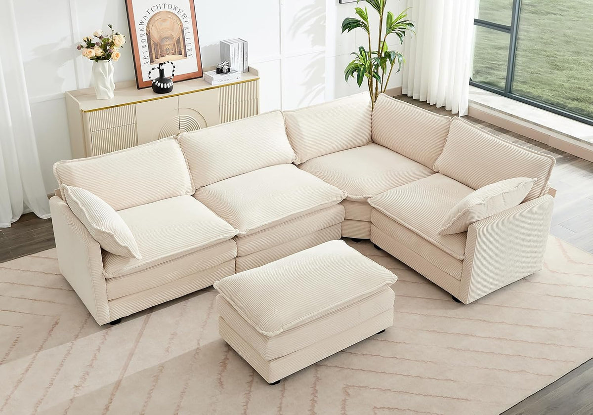 ROWHY 112'' Sectional Modular Cloud Couch, Oversized 5 Seat Couches U Shaped Sofa with 2 Movable Ottomans, 2 Throw Pillows, Upholstered Corduroy U Shape Comfy Deep Couches for Living Room, Beige