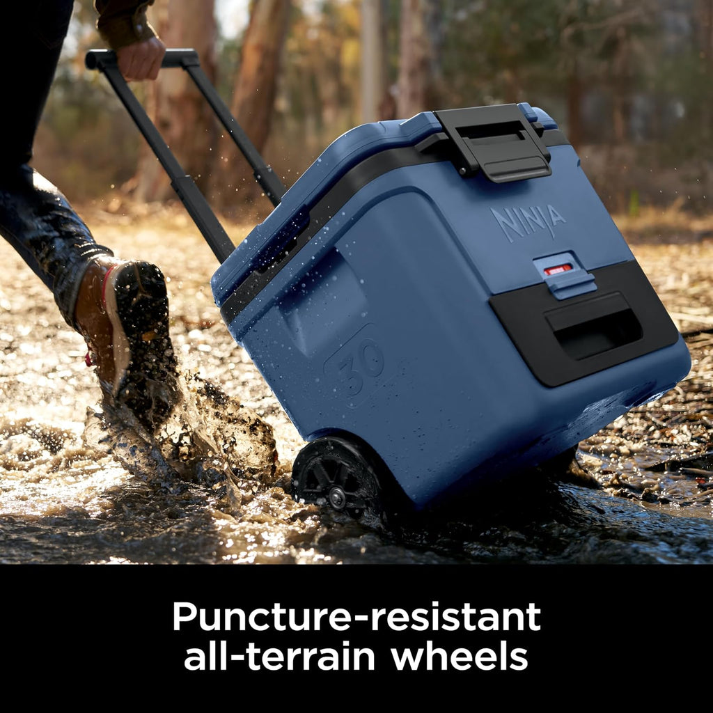 Ninja FrostVault 30qt Cooler with Wheels, Dry Storage, Lakeshore Blue | Ninja FrostVault's 30-qt capacity holds 48 cans, keeps food cool & dry, and rolls easily on all-terrain wheels