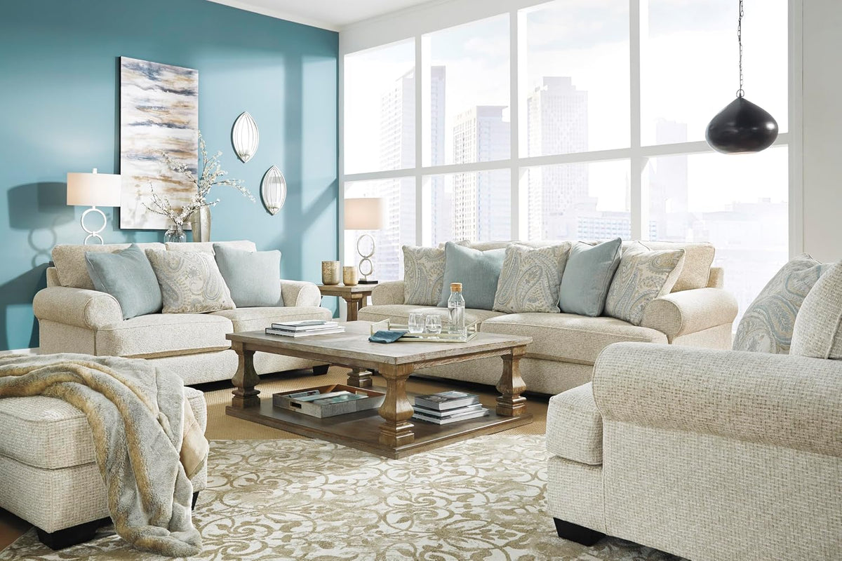 Signature Design by Ashley Rectangular Ottoman, Sandstone Beige | Firmly cushioned 100% polyester chenille fabric, Generous 44-inch scale for coffee table or lounge use, Monaghan Series