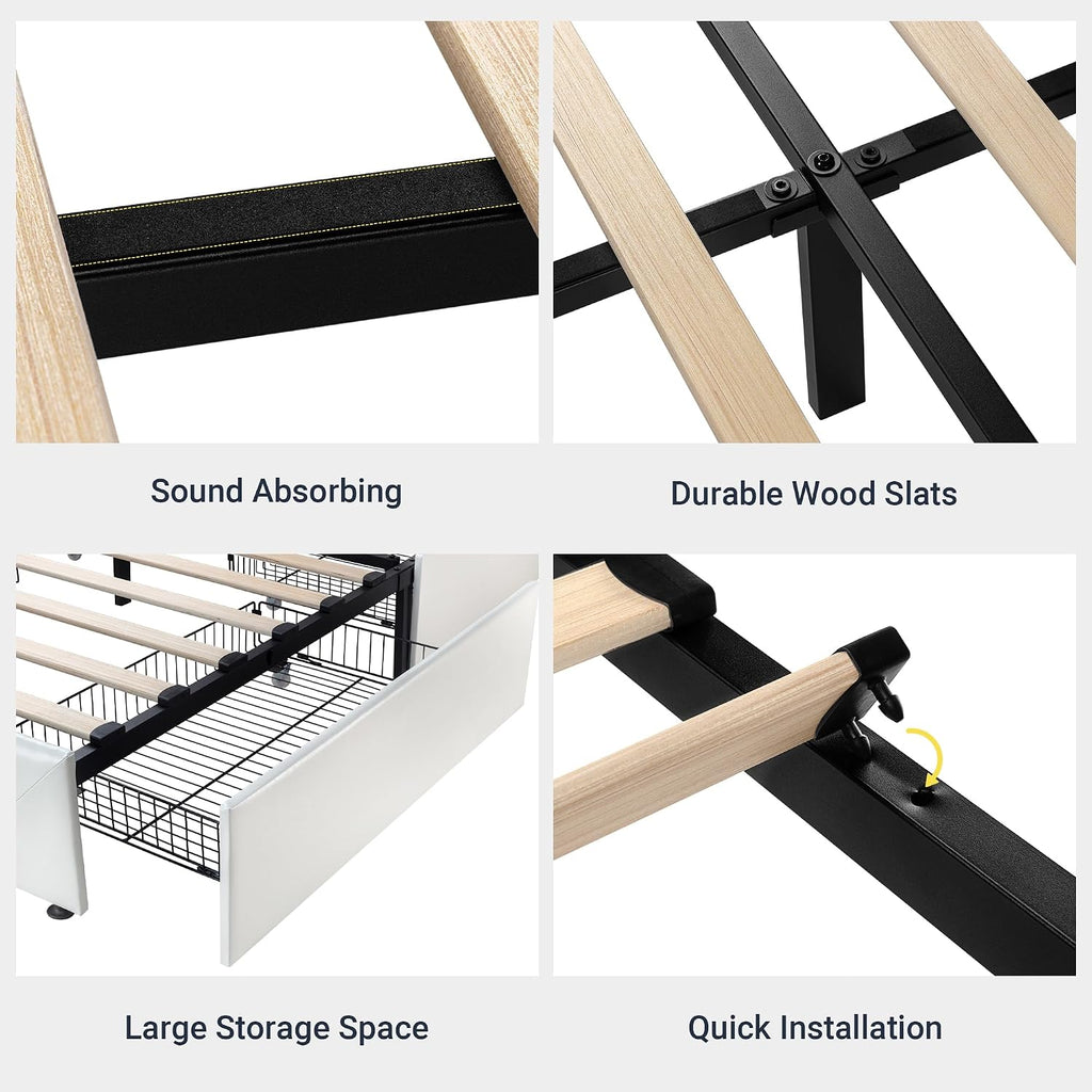 Allewie Queen Size Storage Bed Frame with 4 Underbed Drawers, Upholstered Platform Bed with Adjustable Headboard, Diamond Button Tufted, Easy Assembly, Noise-Free, No Box Spring Needed, White
