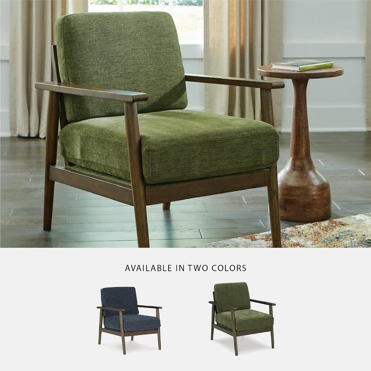 Signature Design by Ashley Bixler Showood Accent Chair, Olive Green | Plush chenille blend upholstery, Reversible cushion, Exposed engineered wood frame, Cozy reading nook, Wood accent chair