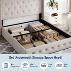 Allewie Queen Size Lift Up Storage Button-Tufted Bed Frame Light Beige