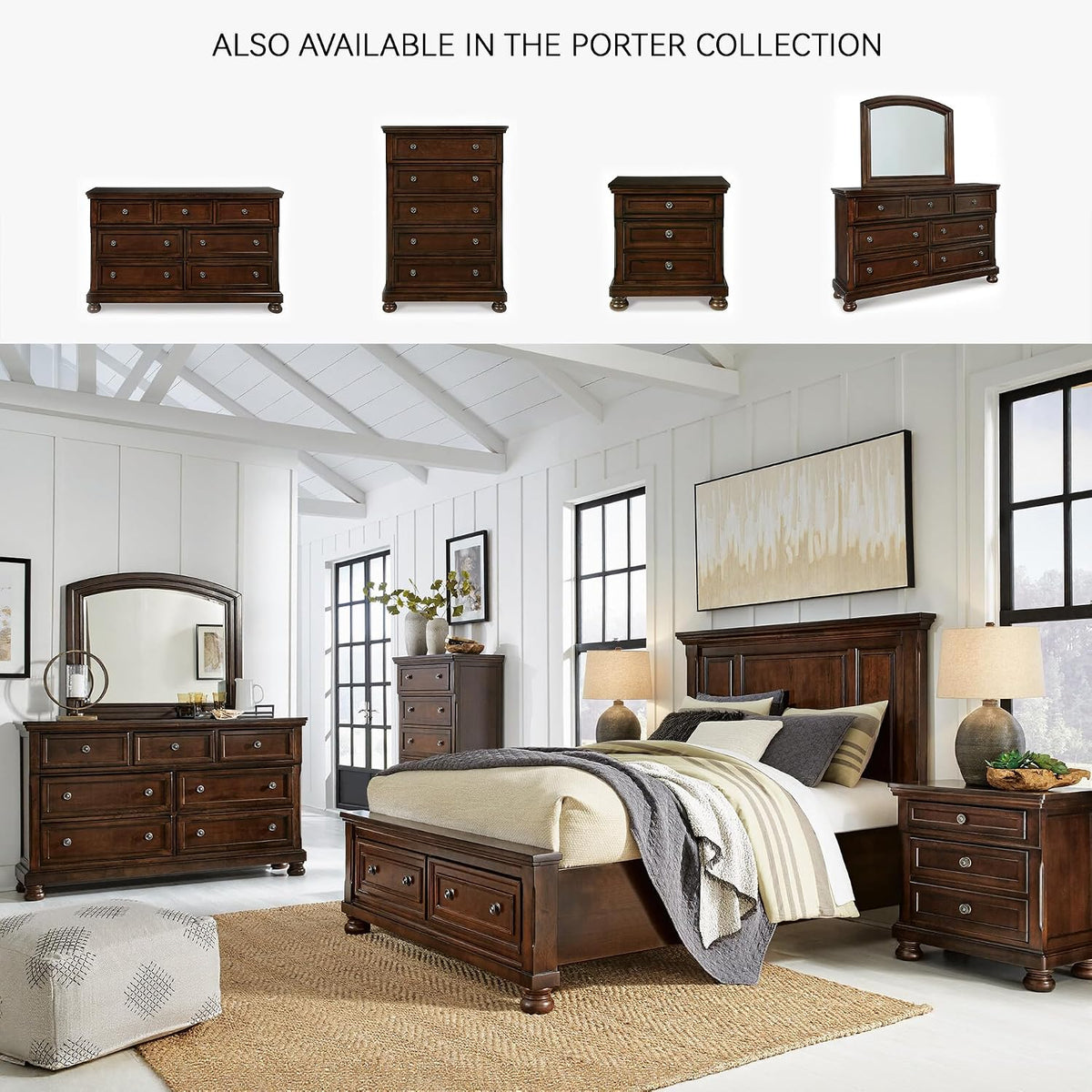 Signature Design by Ashley Porter Traditional Wood Nightstand, Brown | Veneers, wood and engineered wood, 2 smooth-operating drawers, Hidden pull-out tray, Felt bottom, Bun feet