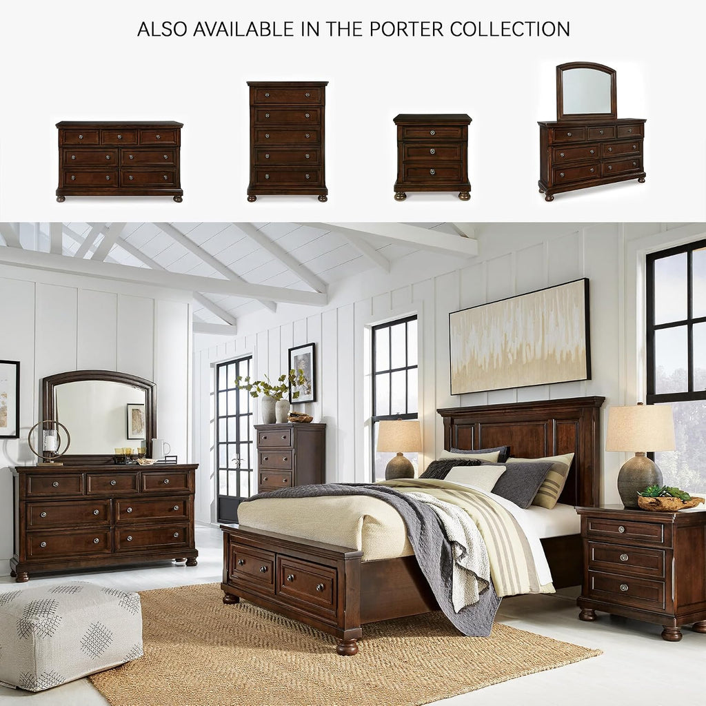 Signature Design by Ashley Porter Traditional Wood Nightstand, Brown | Veneers, wood and engineered wood, 2 smooth-operating drawers, Hidden pull-out tray, Felt bottom, Bun feet