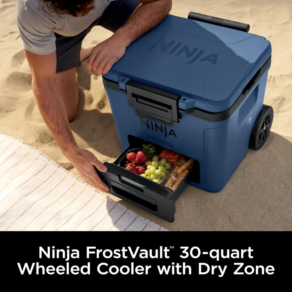 Ninja FrostVault 30qt Cooler with Wheels, Dry Storage, Lakeshore Blue | Ninja FrostVault's 30-qt capacity holds 48 cans, keeps food cool & dry, and rolls easily on all-terrain wheels