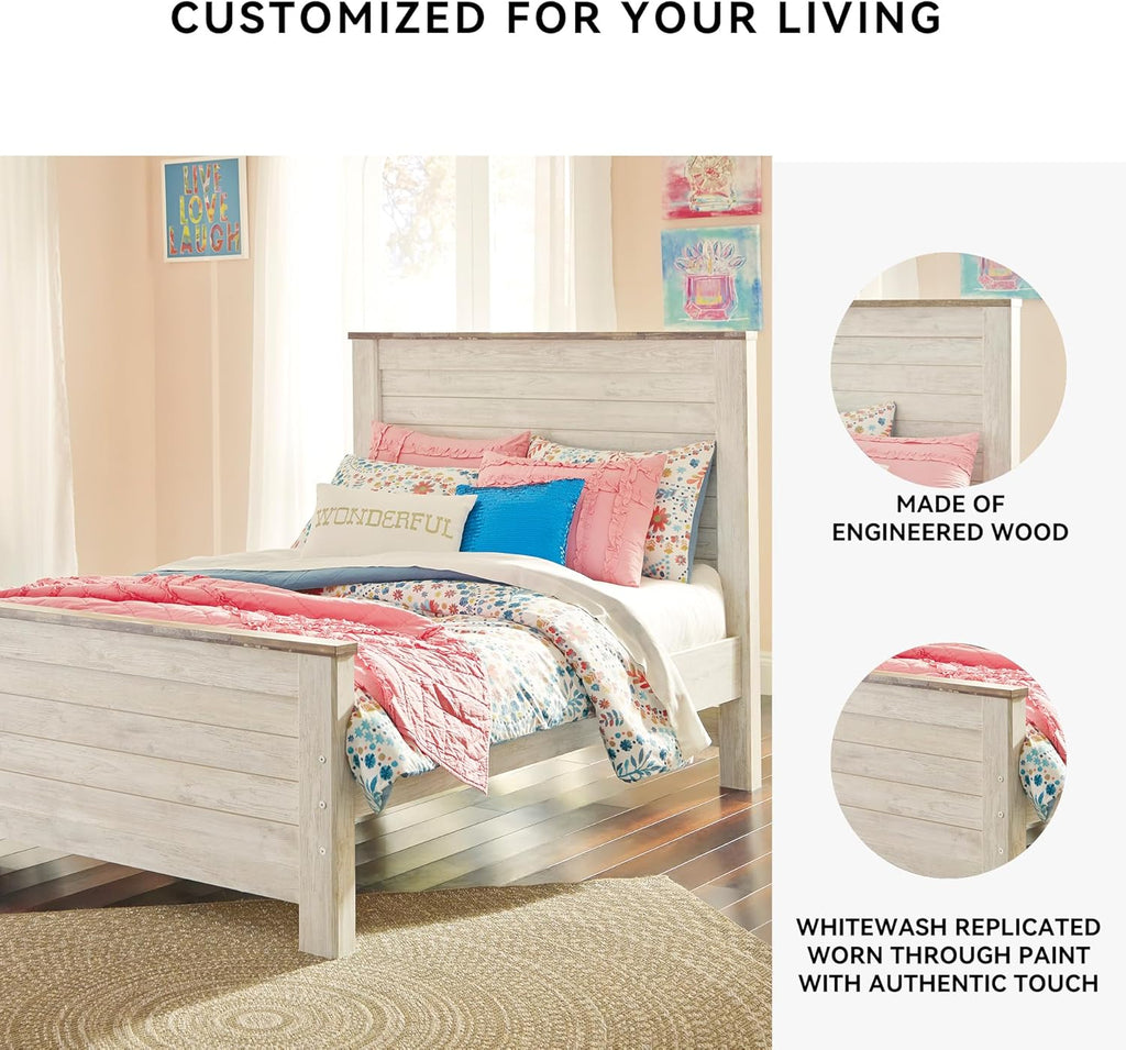 Signature Design by Ashley Coastal Wood Full Panel Bed, Whitewash | Durable engineered wood construction, Rustic whitewash finish, Includes headboard, footboard, and rails, Willowton Series