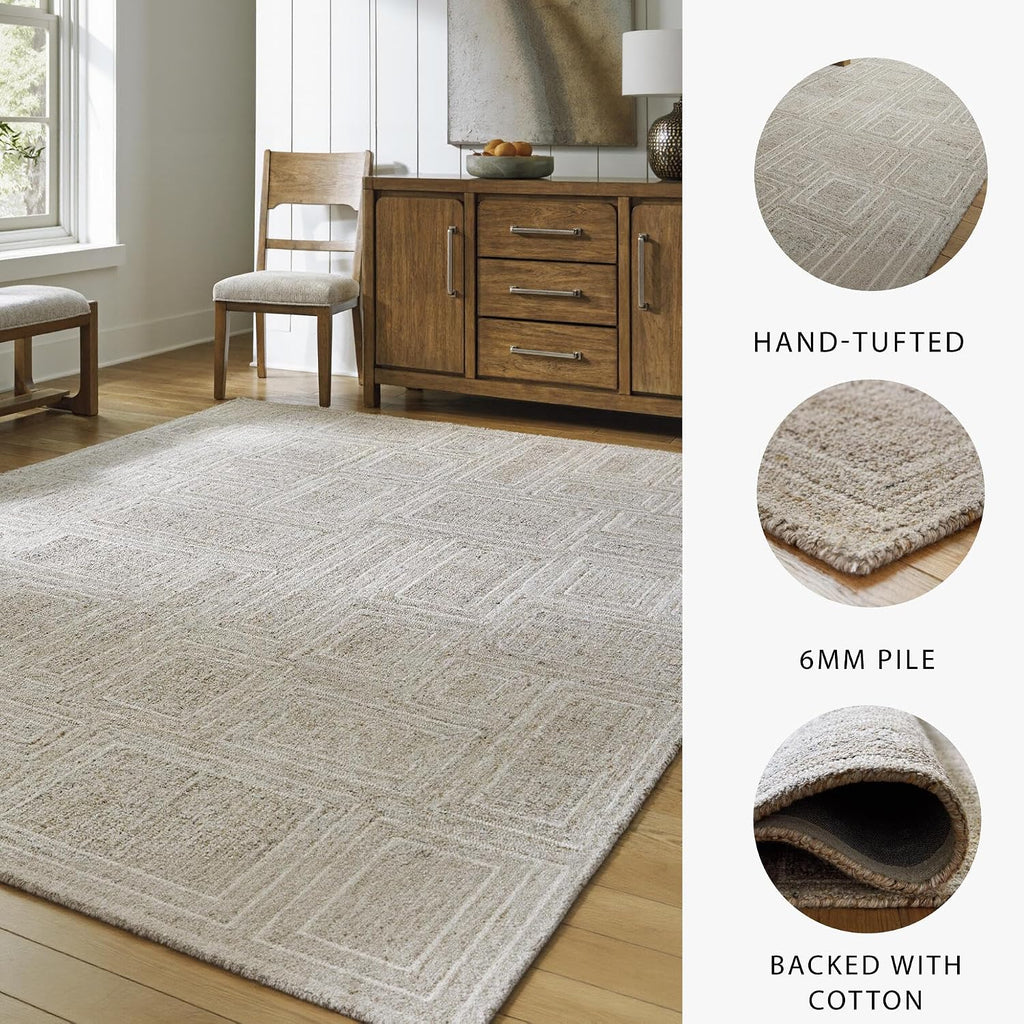 Signature Design by Ashley 8x10 Area Rug, Gray Ivory Wool Tufted Rug | Contemporary geometric style for bedrooms, By Ashley Furniture, Polyester 80% | Wool 20% tufted blend, Brickburgh Series