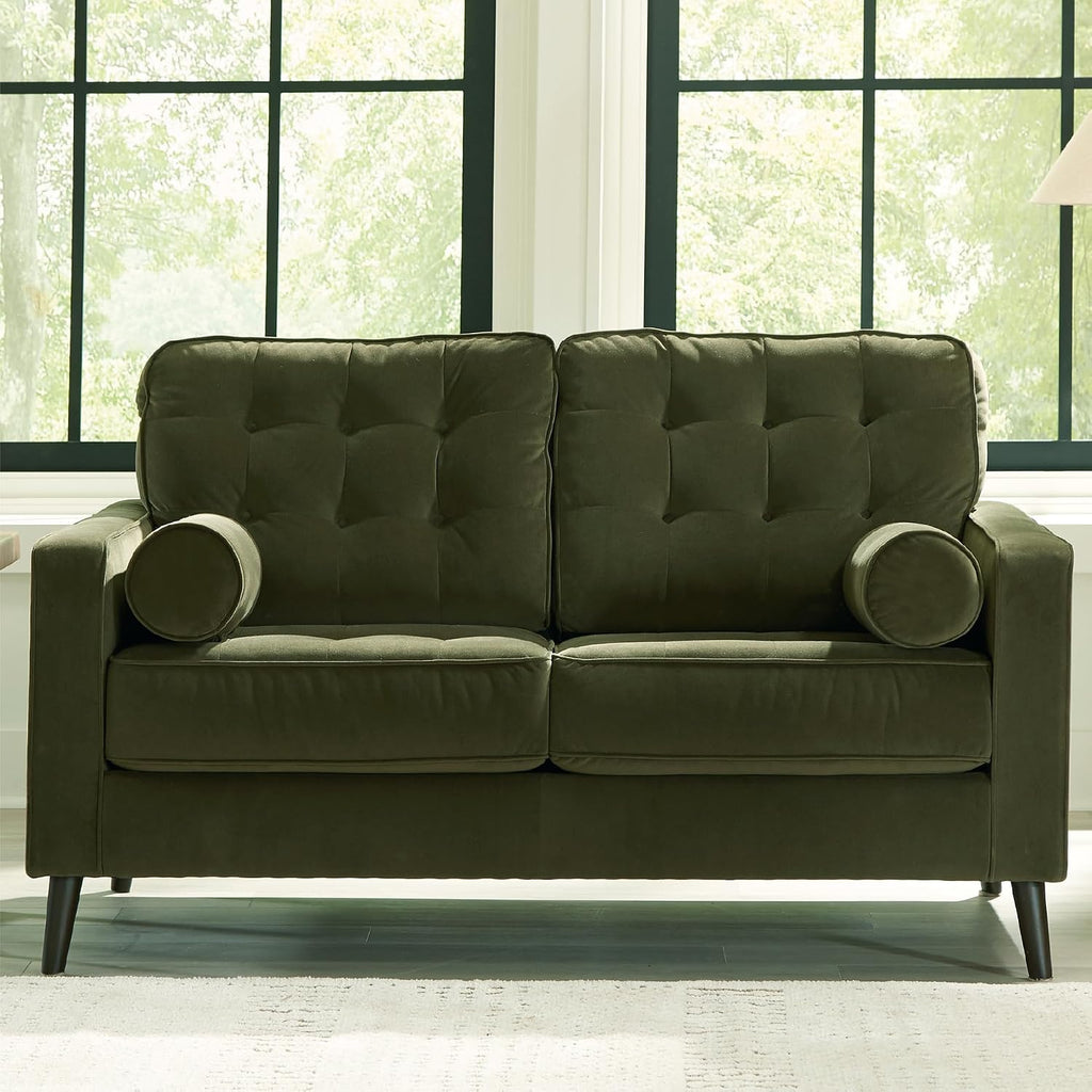 Signature Design by Ashley Loveseat, Olive Green Velvet, Reveon Lakes | Small loveseat for condo spaces, Olive green velvet upholstery, Anti-sag platform foundation, No assembly required