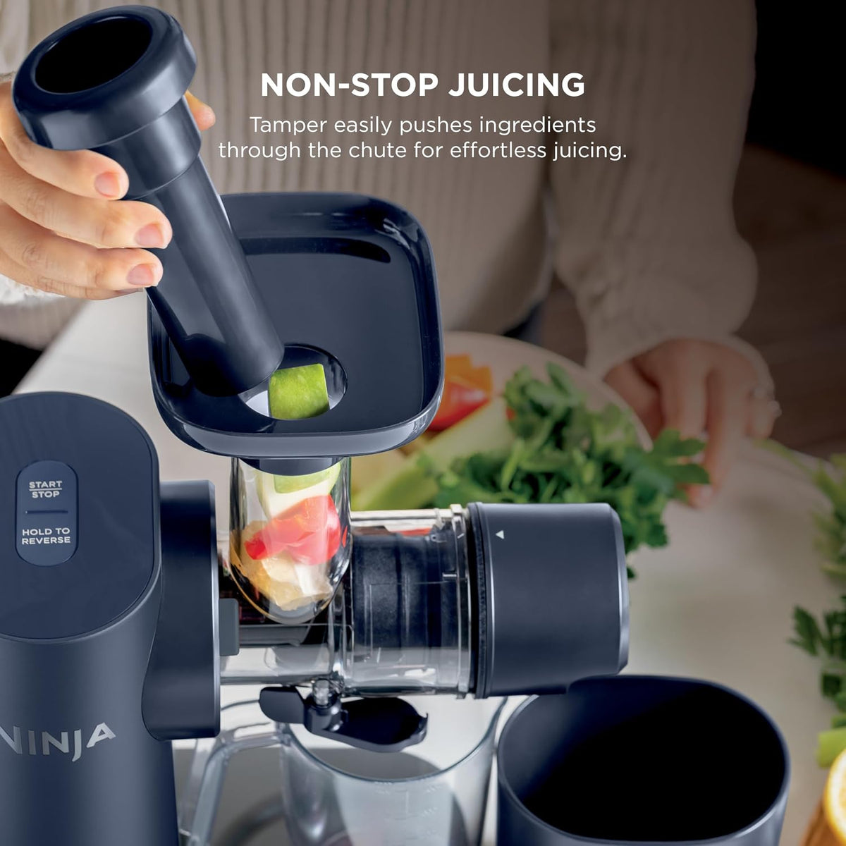 Ninja NeverClog Cold Press Juicer, 24oz Jug, 36oz Pulp, Navy, JC151NV | 150W high-torque auger juices fibrous fruits & veggies. Total Pulp Control, 2 one-touch programs. Dishwasher safe.