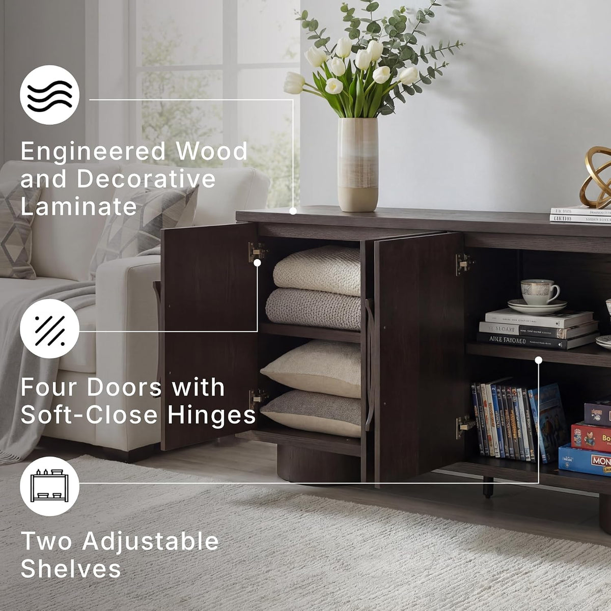 Signature Design by Ashley Accent Cabinet, 72" Dark Brown Credenza, Veeda | Premium oak veneer construction, 72-inch TV stand, Media console with cord management, Contemporary 4-door sideboard