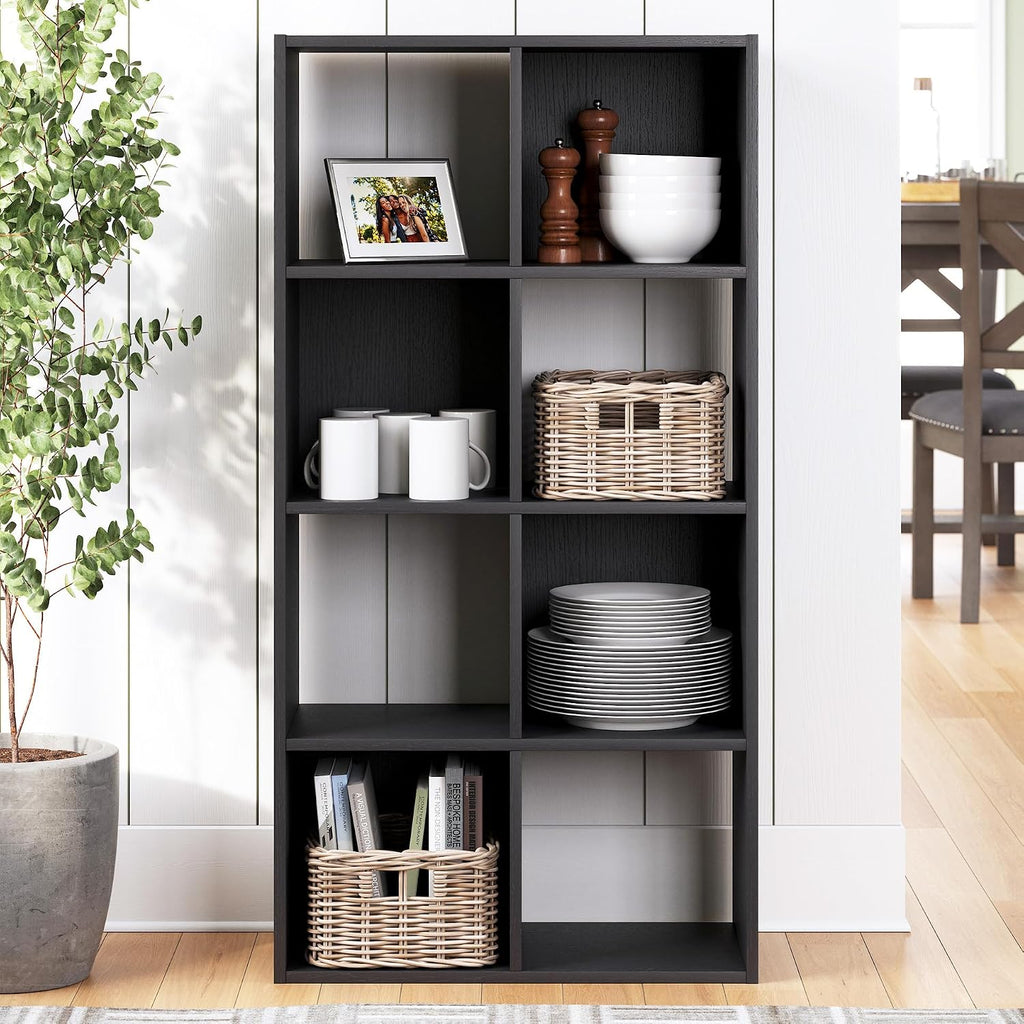 Signature Design by Ashley 8 Cube Storage Organizer, Black Bookcase | Engineered wood and decorative laminate, Dual-position vertical or horizontal setup, Fits 10.5-inch bins, Langdrew Series