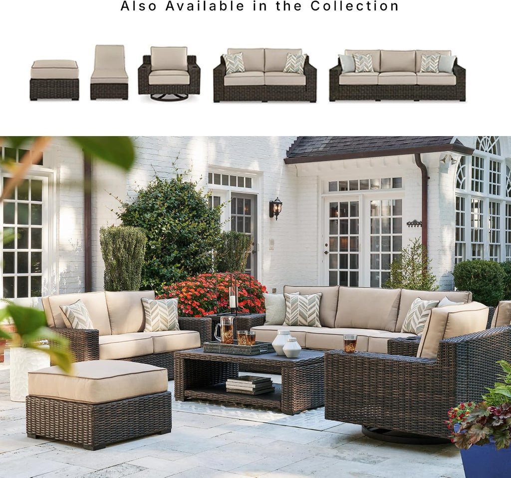 Signature Design by Ashley Coastline Bay Outdoor Patio Sofa, Rust-Free Aluminum Frame, Resin Wicker and Nuvella Fabric, Casual Seating for Sunroom or Deck, Brown and Beige