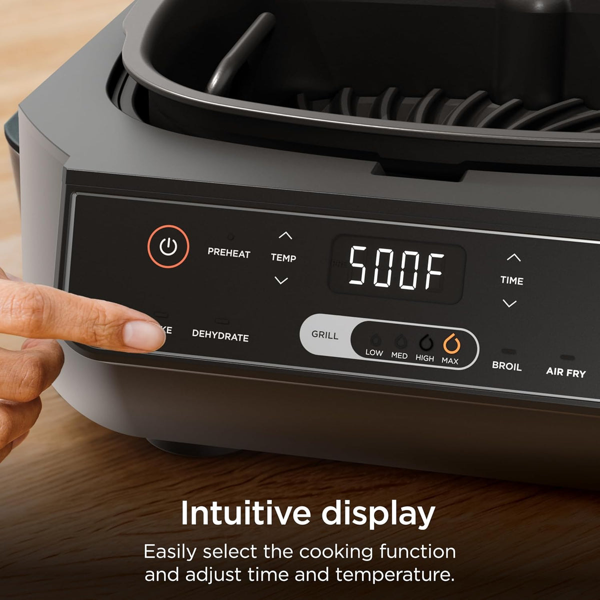 Ninja® Foodi® 6-in-1 Indoor Grill & Air Fryer, 500°F, Black/Silver, EG201 | Cyclonic Grilling, 500°F Surround Searing for char-grilled marks, virtually smoke-free. 6-in-1: Grill, Air Fry, Roast & more.