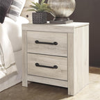 Signature Design by Ashley 2 Drawer White Nightstand with Charging Station | Engineered wood bedside table with dark elongated hardware, Faux linen drawer linings, 22"W x 16"D x 25"H, Cambeck Series