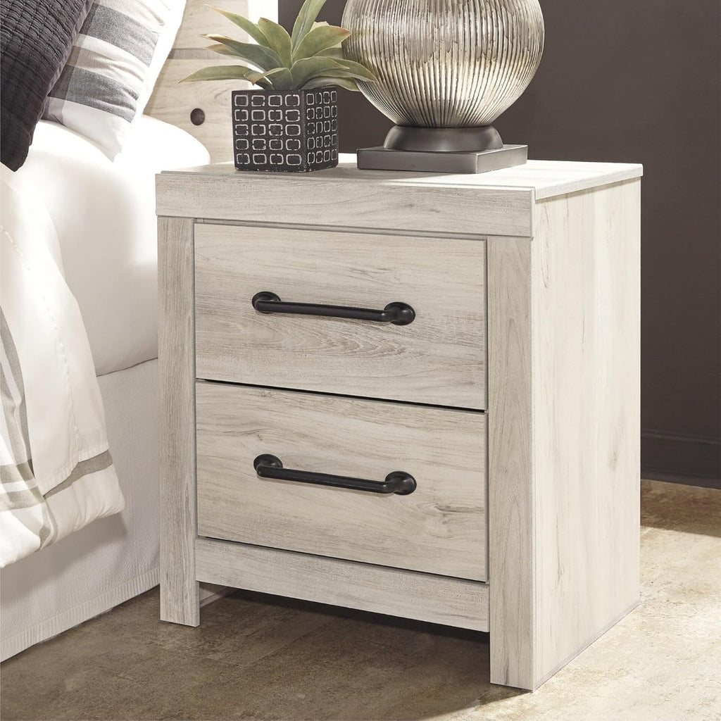 Signature Design by Ashley 2 Drawer White Nightstand with Charging Station | Engineered wood bedside table with dark elongated hardware, Faux linen drawer linings, 22"W x 16"D x 25"H, Cambeck Series