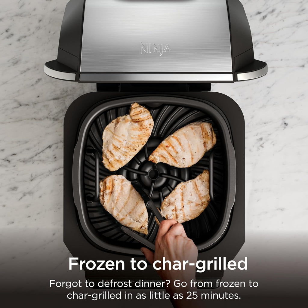 Ninja® Foodi® 6-in-1 Indoor Grill & Air Fryer, 500°F, Black/Silver, EG201 | Cyclonic Grilling, 500°F Surround Searing for char-grilled marks, virtually smoke-free. 6-in-1: Grill, Air Fry, Roast & more.