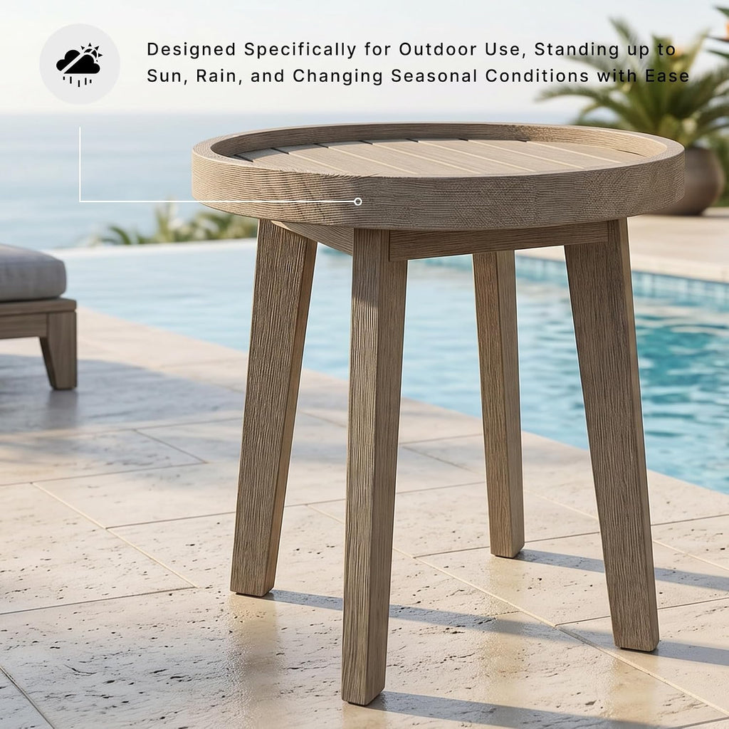 Signature Design by Ashley Coastal Reef Round Outdoor End Table, Beige | Weather-resistant eucalyptus wood, Slatted tabletop for quick water drainage, 19-inch round accent table