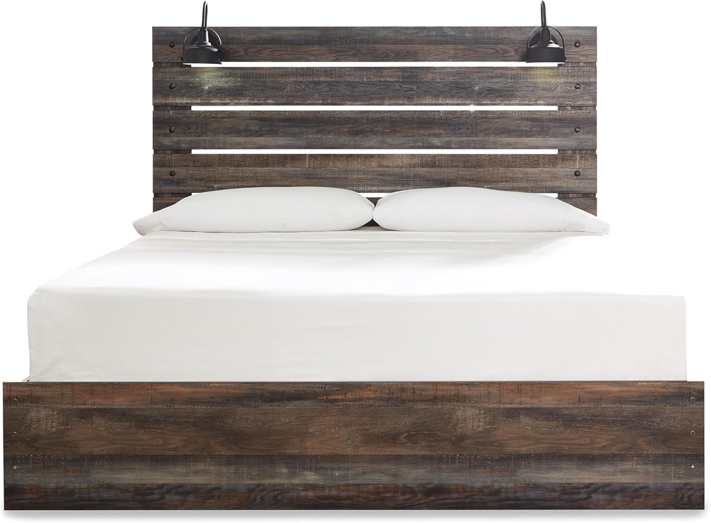 Signature Design by Ashley Drystan Rustic King Size Bed Frame with LED | Rustic brown and gray replicated wood grain with teal accents, Durable engineered wood, Adjustable base compatible