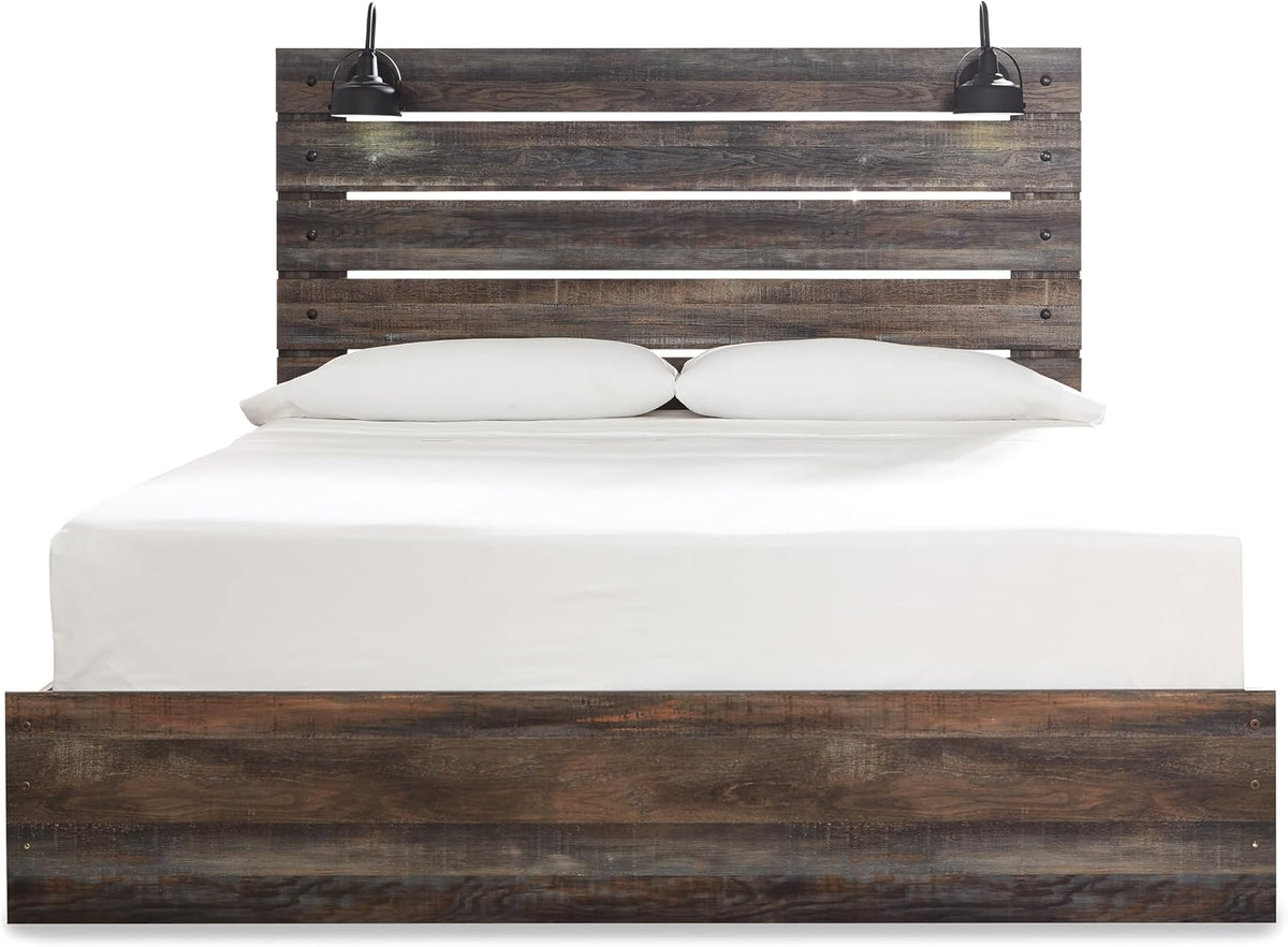 Signature Design by Ashley Drystan Rustic King Size Bed Frame with LED | Rustic brown and gray replicated wood grain with teal accents, Durable engineered wood, Adjustable base compatible