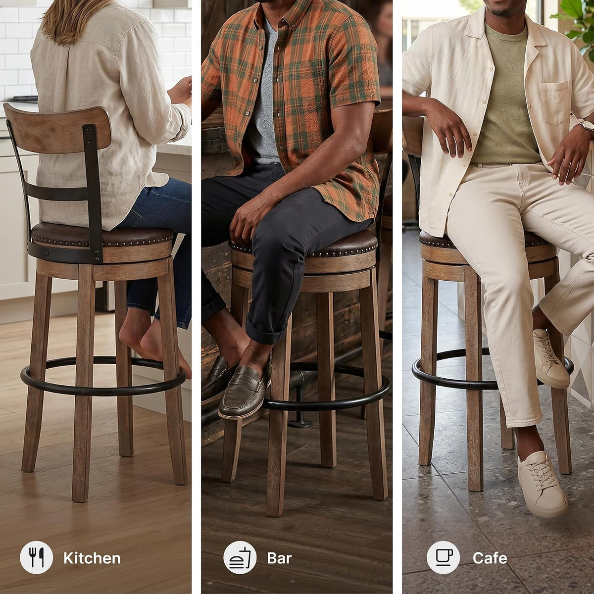 Signature Design by Ashley Pinnadel 30" Swivel Bar Height Barstool, Brown | Faux leather padded seat for easy cleanup, Sturdy wood, engineered wood, and metal frame, Built-in comfort footrest