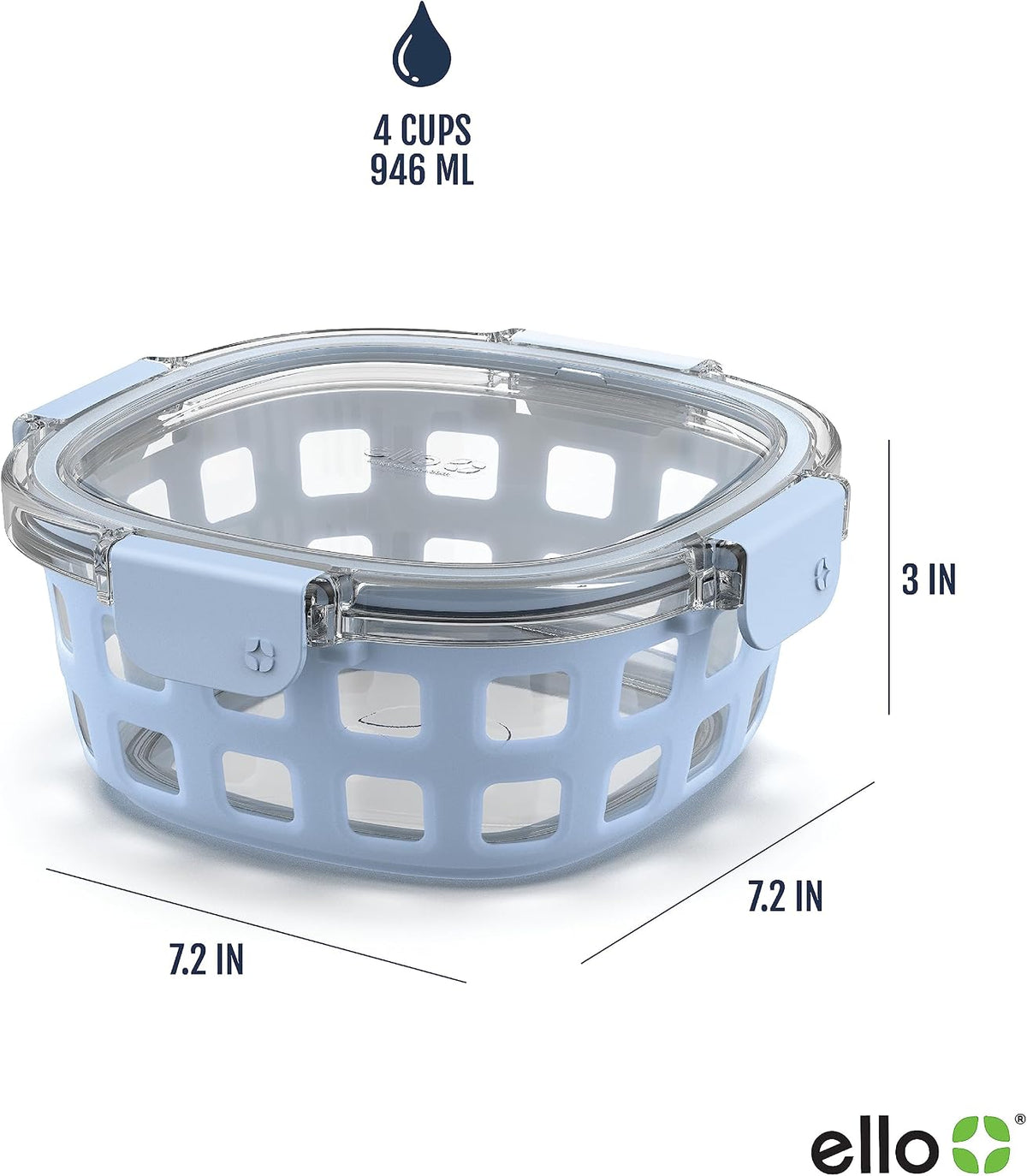 Ello Duraglass 4 Cup Glass Meal Prep Container with Lid, Halogen Blue