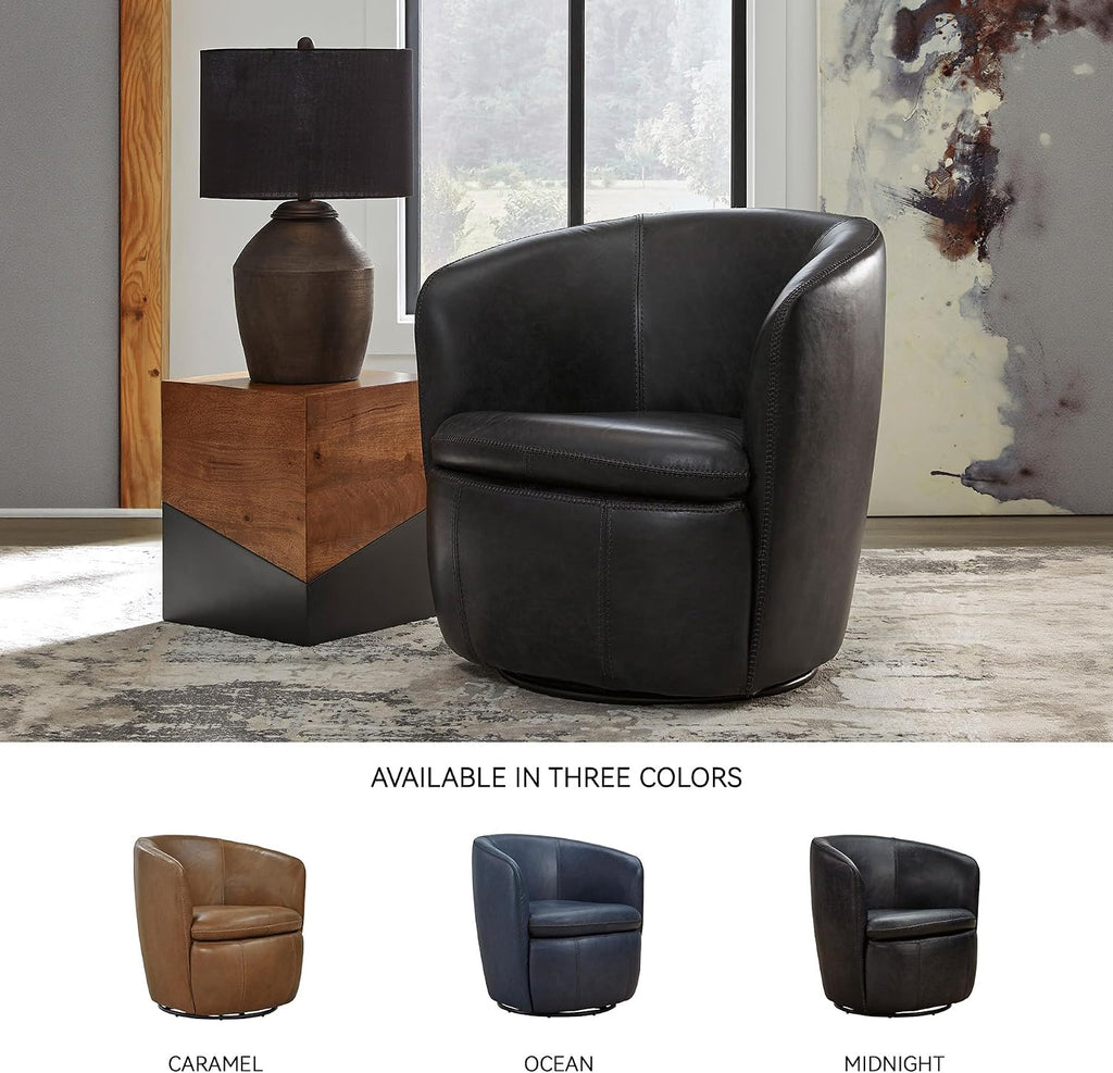 Signature Design by Ashley Leather Swivel Accent Chair, Midnight | 100% top grain leather, Swivel barrel chair, No assembly required, Sloped arms, Sturdy metal frame, Kierreys Series