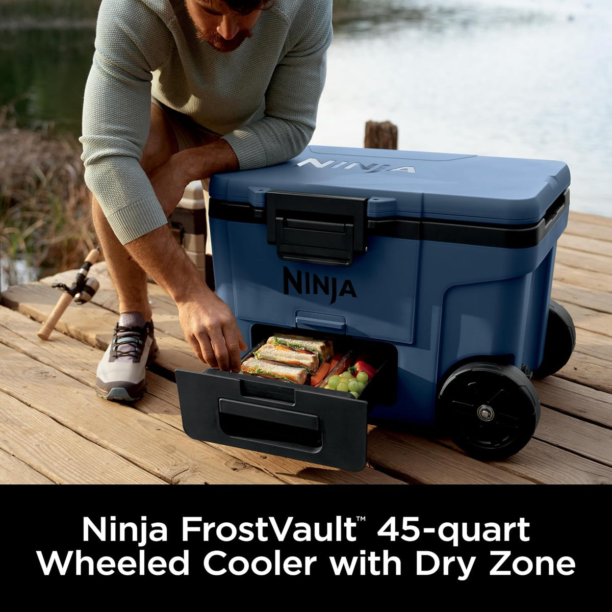 Ninja FrostVault™ 45qt Cooler with Wheels, Dry Storage, Lakeshore Blue | Ninja FrostVault's 45-qt capacity holds 68 cans, keeps food cool & dry, and rolls easily on all-terrain wheels