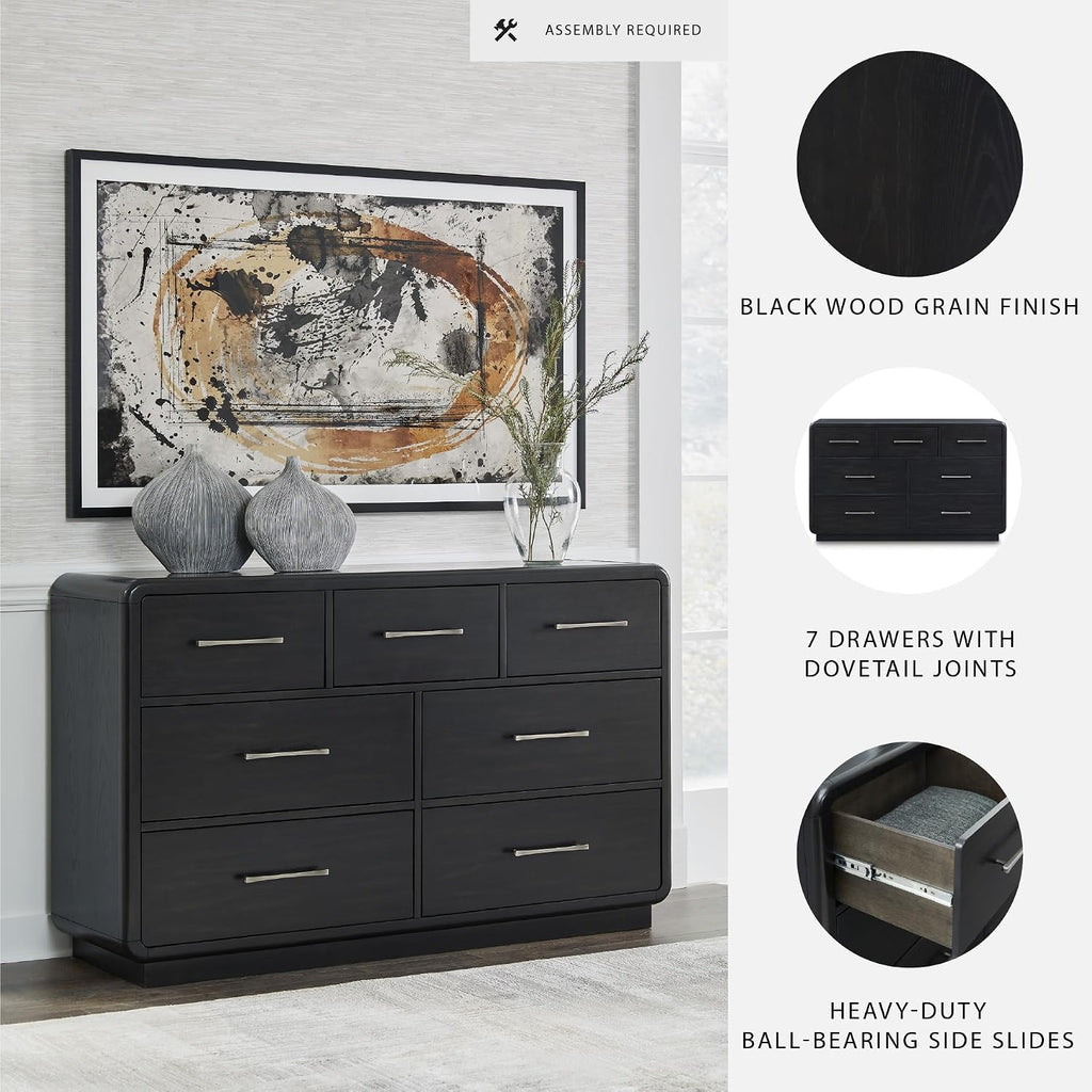 Signature Design by Ashley Rowanbeck Dresser, Black Wood 7 Drawer Chest for Bedroom, Hardwood Solids and Ash Veneer, Contemporary Storage for Master Suites, Black, 64" W