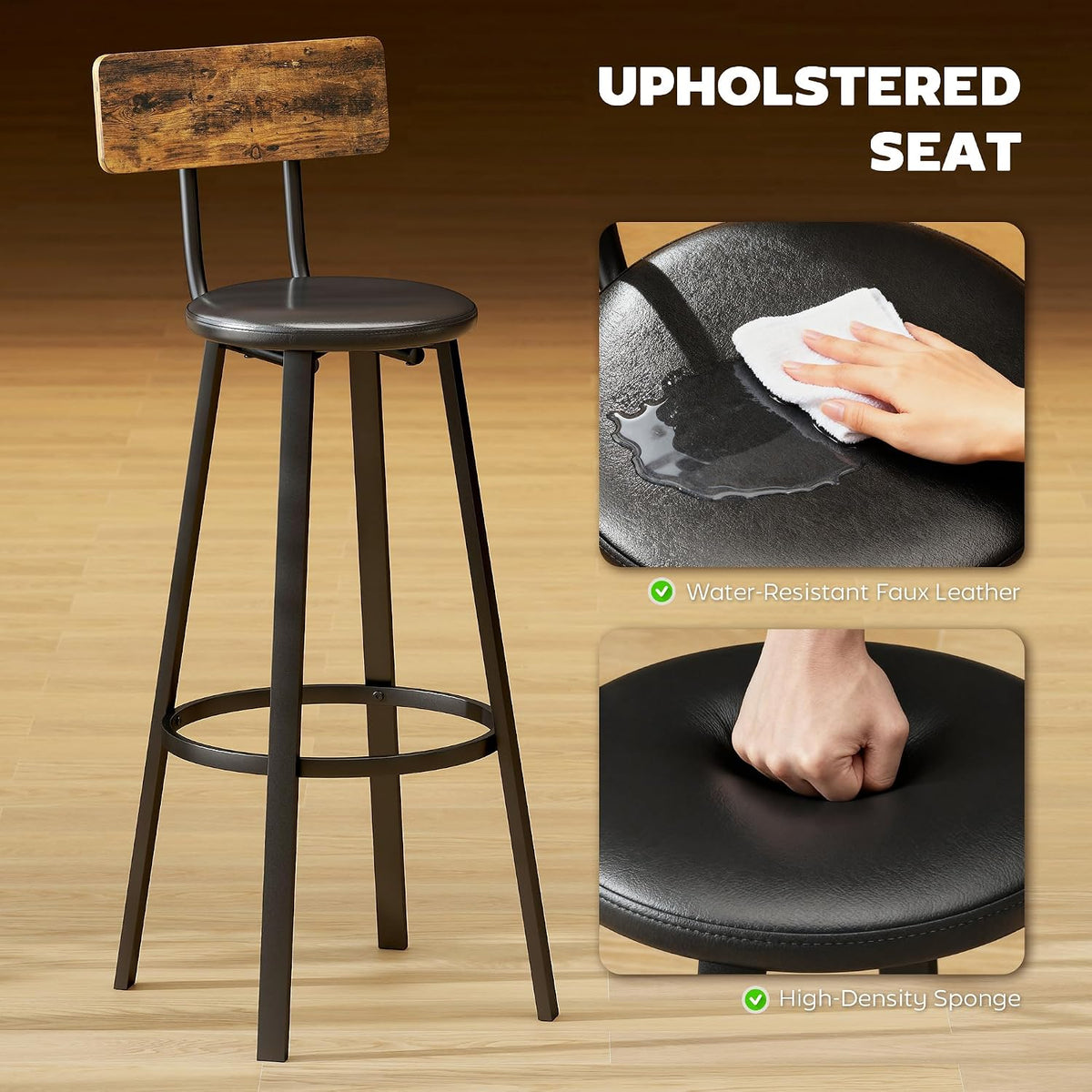 HOMCOM Bar Stools Set of 2 Upholstered Backrest Rustic Brown and Black