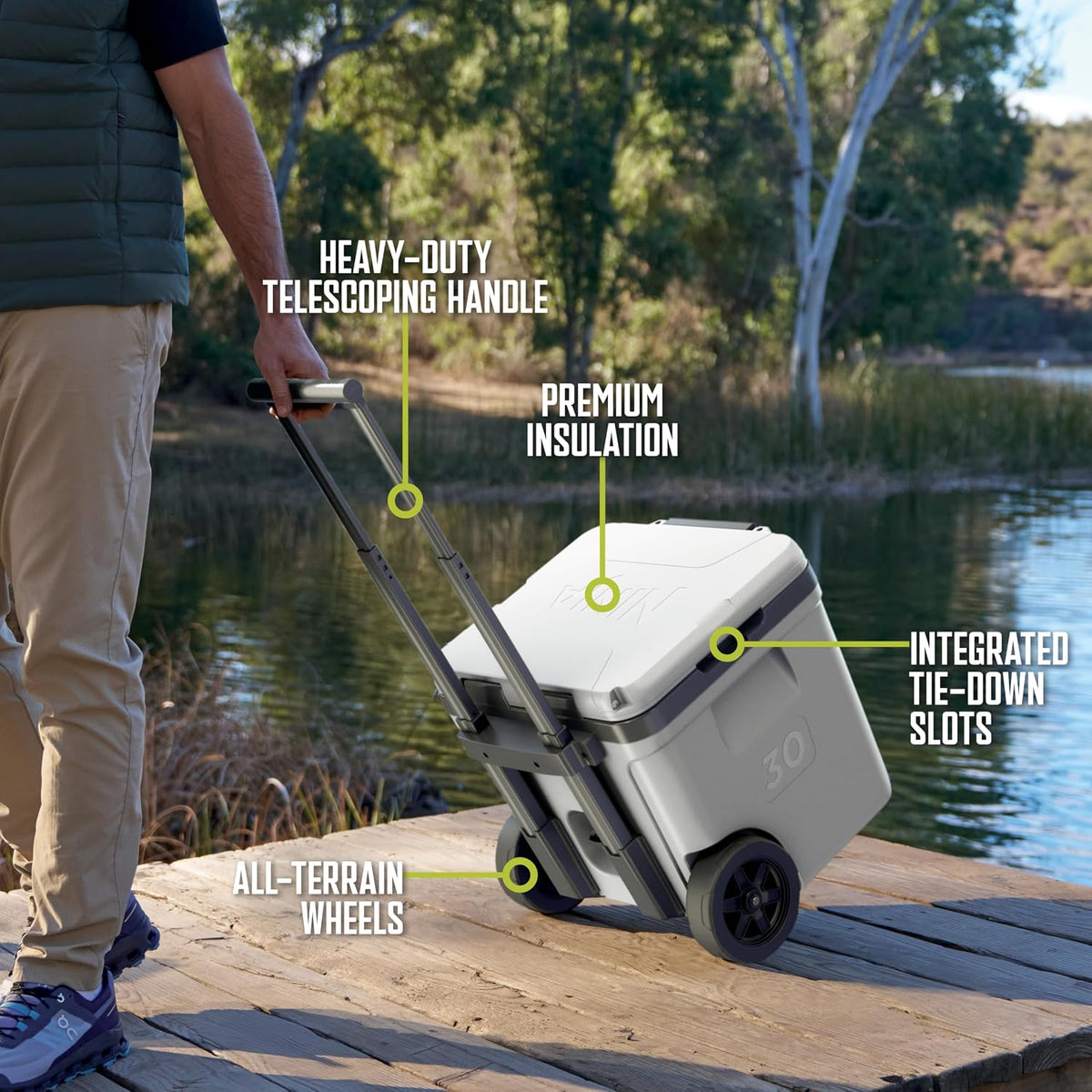 Ninja FrostVault™ 30qt Cooler with Wheels, Dry Storage, Spanish Moss | Ninja FrostVault's 30-qt capacity holds 48 cans, keeps food cool & dry, and rolls easily on all-terrain wheels