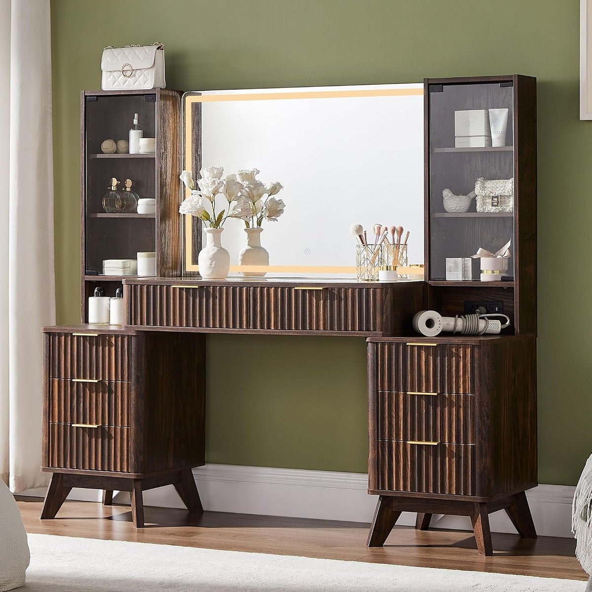 T4TREAM 48" Fluted Makeup Vanity Desk with 36" Lighted Mirror, Oak