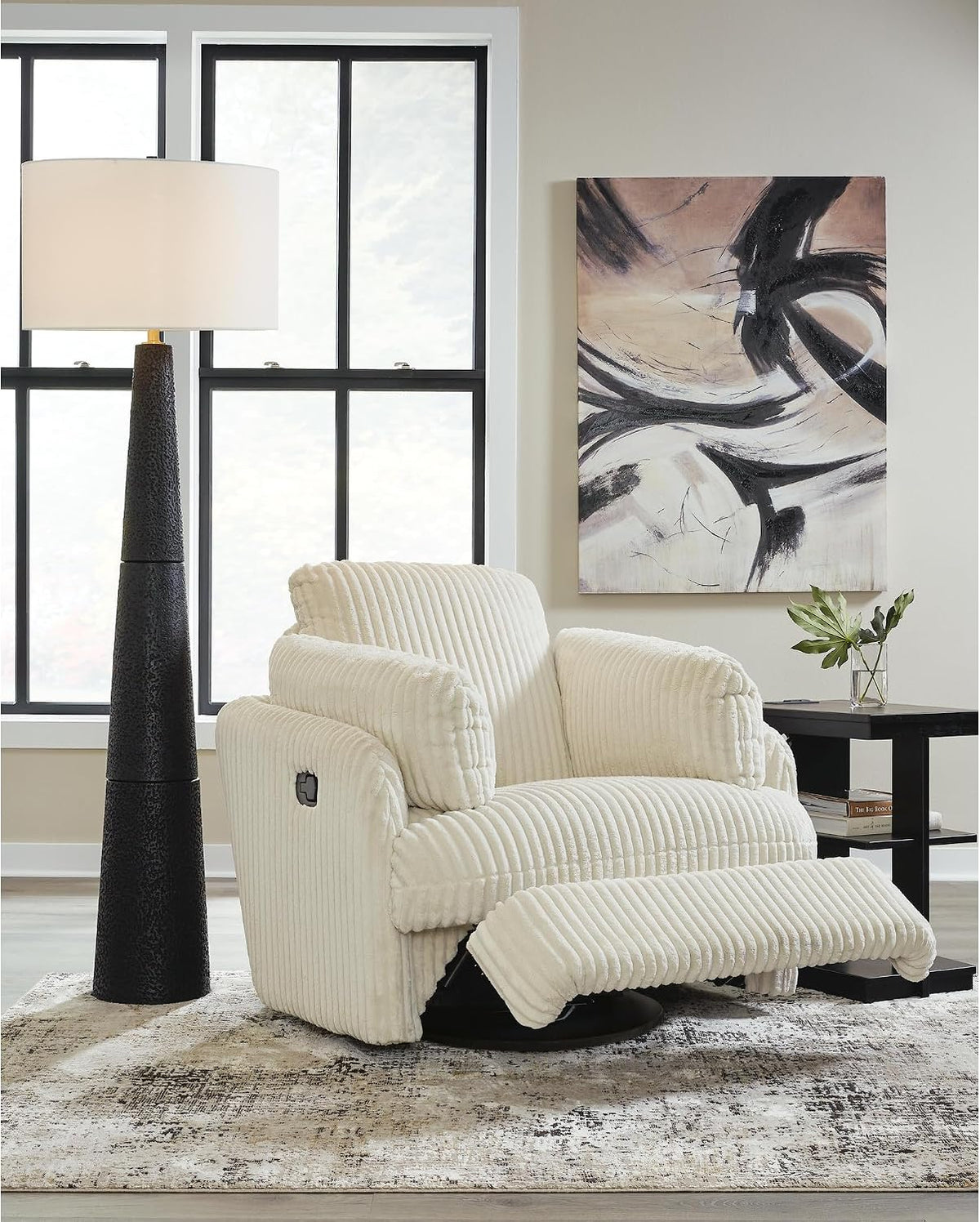 Signature Design by Ashley Oversized Swivel Glider Recliner, Ivory | Hidden armrest storage, Soft polyester cord, Smooth 360-degree rotation, Rocking chair motion, Tie-Breaker Series
