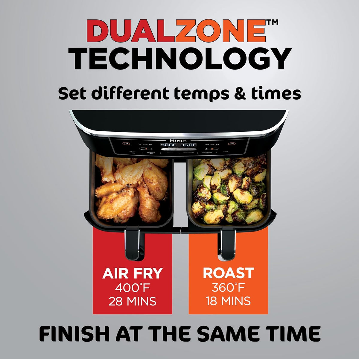 Ninja Foodi Air Fryer, 10 Qt DualZone, 6-in-1, Black, DZ302 | Air fry, broil, roast, keep warm, dehydrate, bake, 2x5 Qt baskets, Fits 8 lbs wings