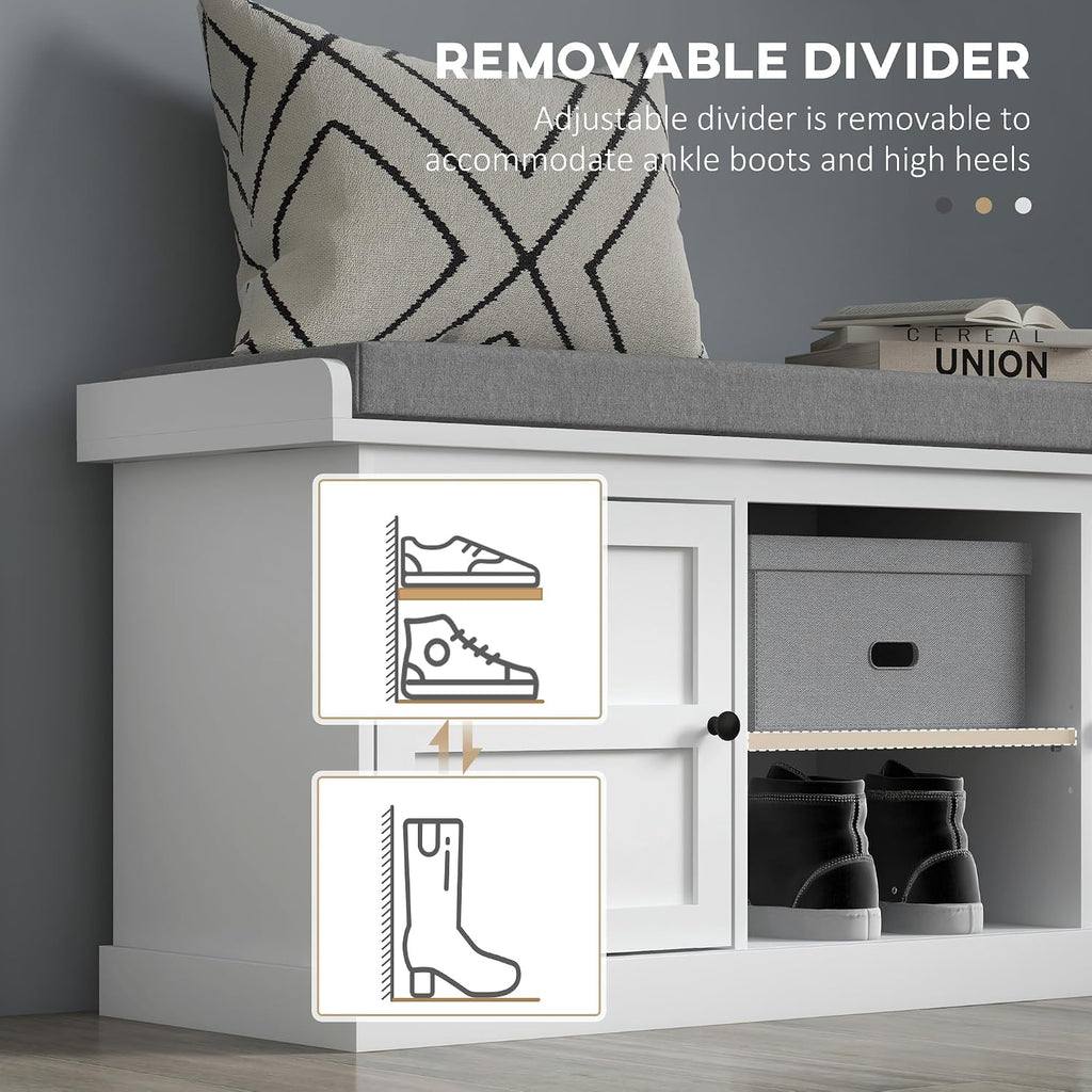 HOMCOM Shoe Bench with Seat, Cushion, 2 Cabinets, Adjustable Shelf, White