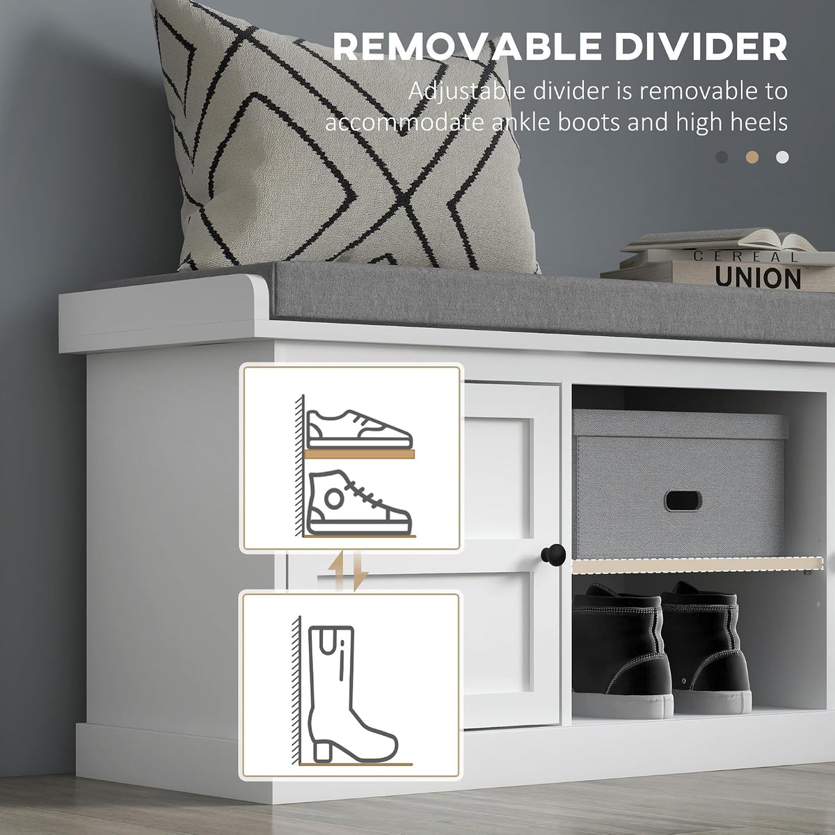 HOMCOM Shoe Bench with Seat, Cushion, 2 Cabinets, Adjustable Shelf, White