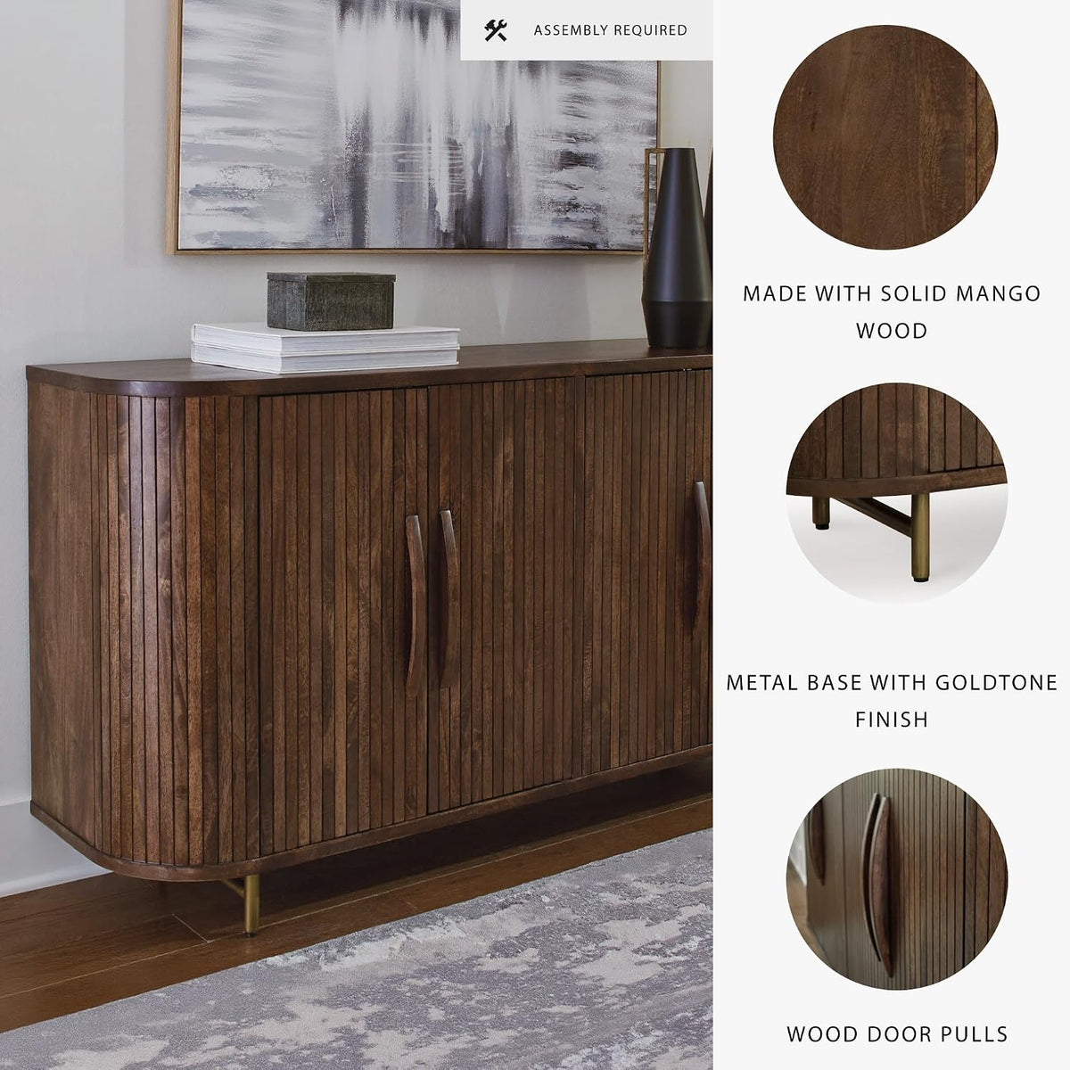 Signature Design by Ashley Mango Wood Accent Cabinet with Doors, Sideboard | Heavyweight construction in rich dark brown, Elegant vertical fluting, Curved sides, Wire management, Amickly Series